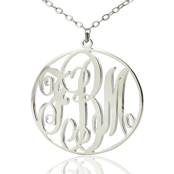 Personalised 18ct White Gold Plated Vine Font Circle Initial Monogram Necklace - AMAZINGNECKLACE.COM