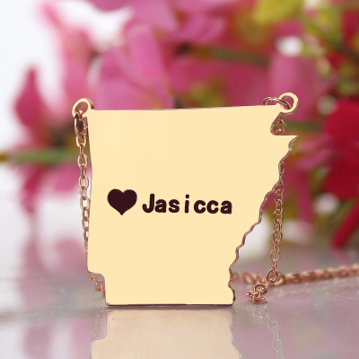 Custom AR State USA Map Personalised Necklace With Heart  Name Rose Gold - AMAZINGNECKLACE.COM
