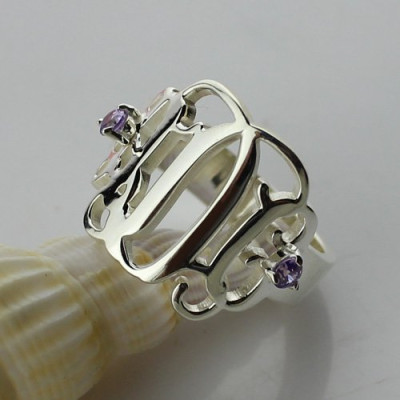 Birthstone Monogram Personalised Rings For Women Sterling Silver  - AMAZINGNECKLACE.COM