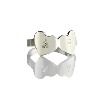 Double Heart Personalised Ring Engraved Letter Sterling Silver - AMAZINGNECKLACE.COM