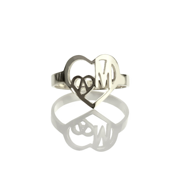 Heart in Heart Double Initials Personalised Ring Sterling Silver - AMAZINGNECKLACE.COM