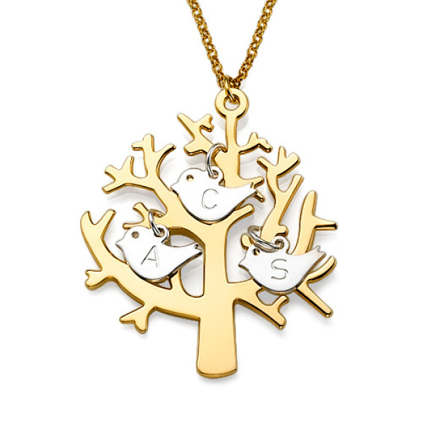 Gold Plated Tree Personalised Necklace with 0.925 Silver Initial Birds - AMAZINGNECKLACE.COM