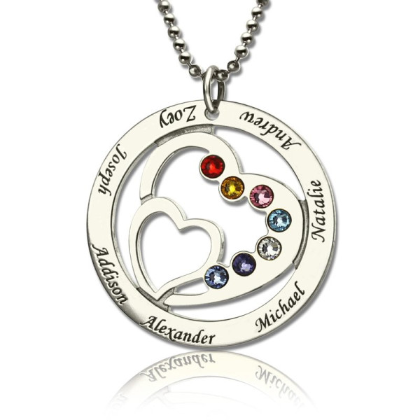 Personalised Heart in Heart Birthstone Name Necklace Silver  - AMAZINGNECKLACE.COM