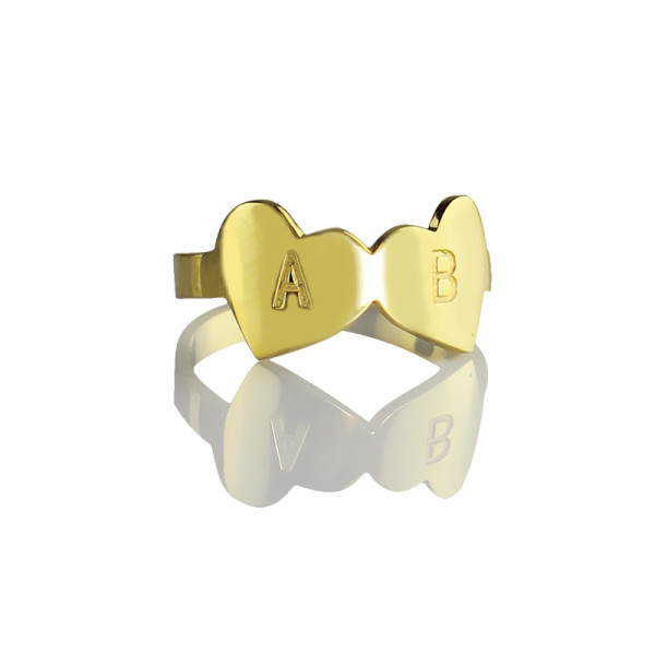 Custom Double Heart Personalised Ring Engraved Letter 18ct Gold Plated - AMAZINGNECKLACE.COM