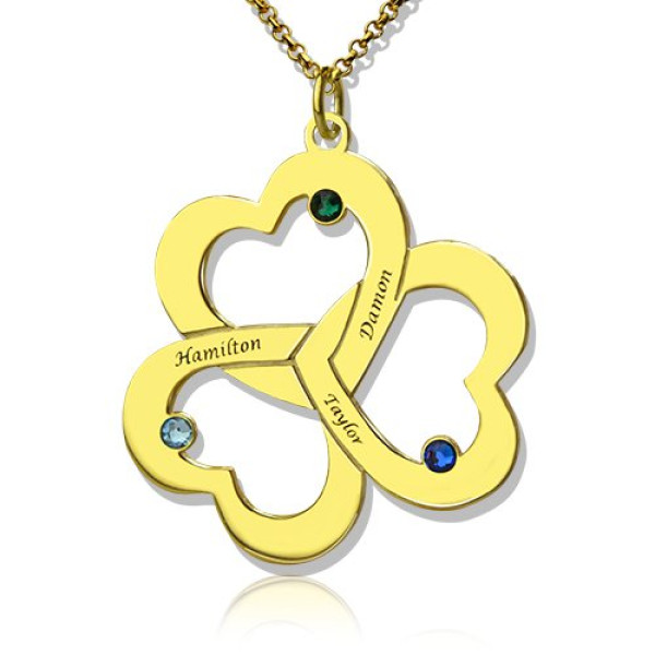 Birthstone Triple Heart Personalised Necklace Engraved Name in 18ct Gold Plated  - AMAZINGNECKLACE.COM