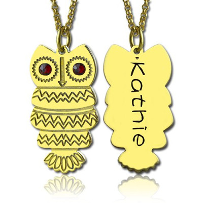Cute Birthstone Owl Name Personalised Necklace 18ct Gold Plated  - AMAZINGNECKLACE.COM