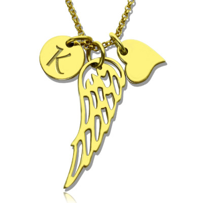 Good Luck Angel Wing Personalised Necklace with Initial Charm 18ct Gold Plated - AMAZINGNECKLACE.COM