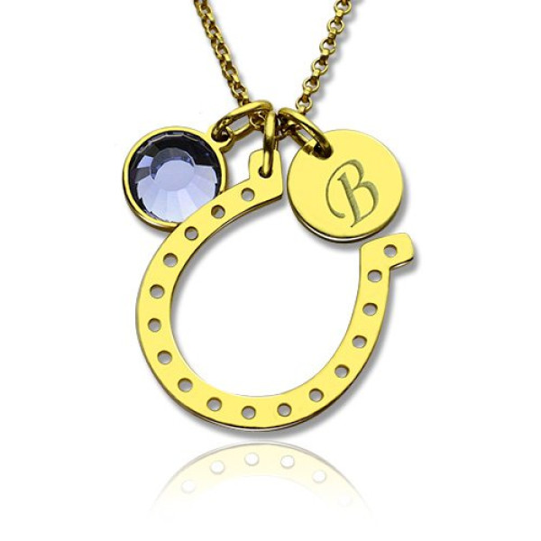 Birthstone Horseshoe Lucky Personalised Necklace with Initial Charm 18ct Gold Plate  - AMAZINGNECKLACE.COM