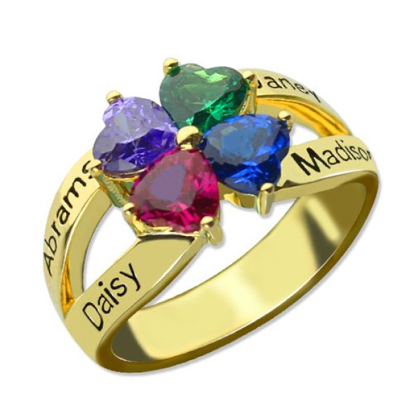 Family Personalised Ring for Mom Four Clover Hearts in 18ct Gold Plated - AMAZINGNECKLACE.COM