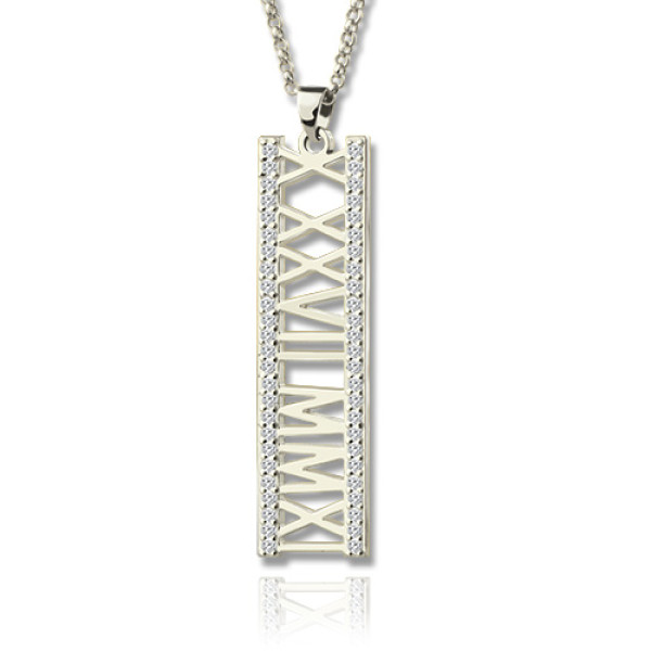 Roman Numeral Vertical Personalised Necklace With Birthstones Sterling Silver  - AMAZINGNECKLACE.COM