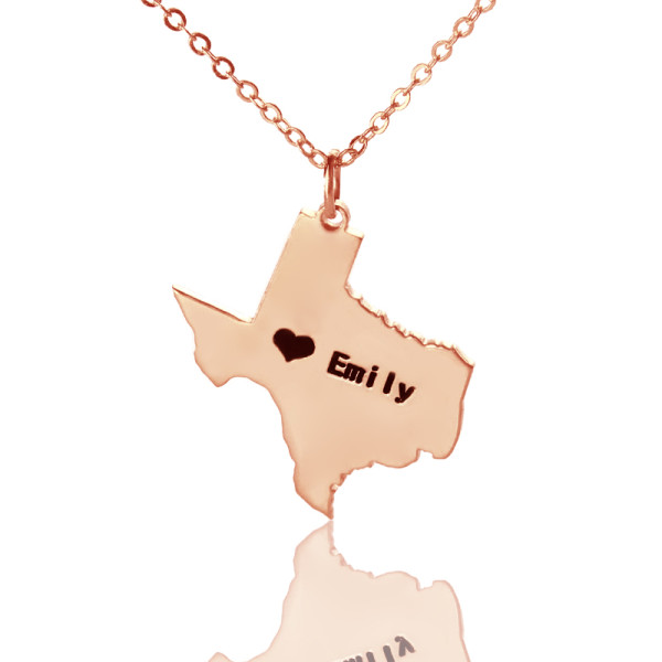 Texas State USA Map Personalised Necklace With Heart  Name Rose Gold - AMAZINGNECKLACE.COM