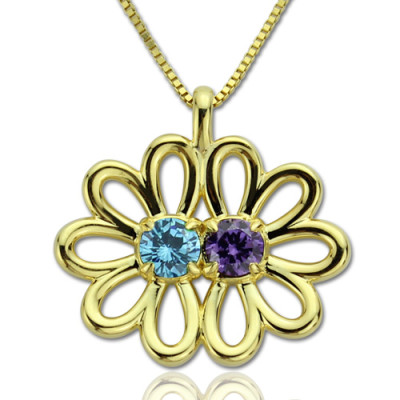 Personalised Double Flower Pendant with Birthstone 18ct Gold Plated Silver  - AMAZINGNECKLACE.COM