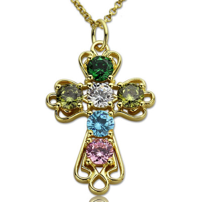 Personalised Cross necklace with Birthstones Gold Plated Silver  - AMAZINGNECKLACE.COM