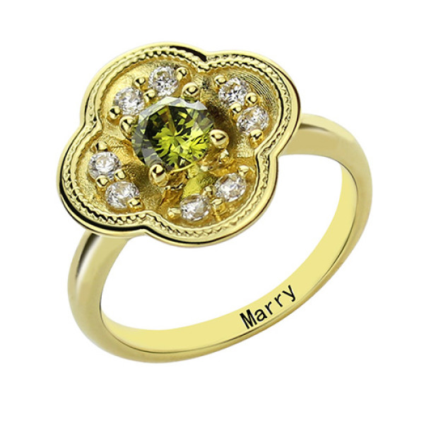 Blossoming Engagement Personalised Ring Engraved Birthstone 18ct Gold Plated  - AMAZINGNECKLACE.COM