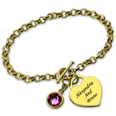 Engravable Birthstone Personalised Bracelet with Heart  Name Charm 18ct Gold Plate  - AMAZINGNECKLACE.COM