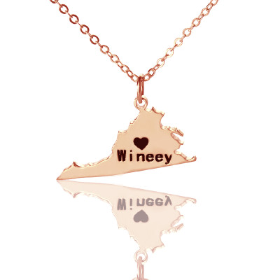 Virginia State USA Map Personalised Necklace With Heart  Name Rose Gold - AMAZINGNECKLACE.COM