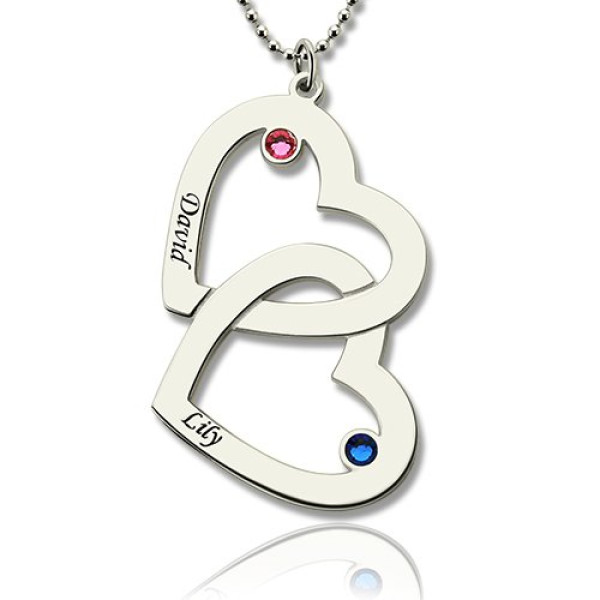 Double Heart Personalised Necklace with Name  Birthstones Sterling Silver  - AMAZINGNECKLACE.COM