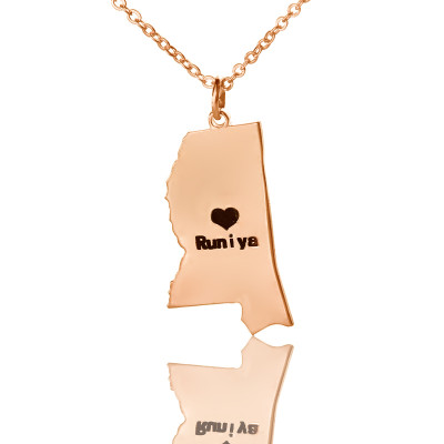 Mississippi State Shaped Personalised Necklaces With Heart  Name Rose Gold - AMAZINGNECKLACE.COM