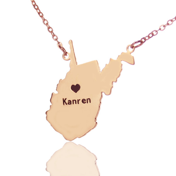 West Virginia State Shaped Personalised Necklaces With Heart  Name Rose Gold - AMAZINGNECKLACE.COM