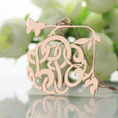 Butterfly and Vines Monogrammed Personalised Necklace 18ct Rose Gold Plated - AMAZINGNECKLACE.COM