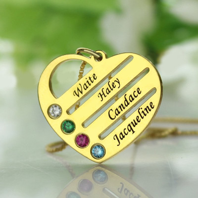 18ct Gold Plated Mothers Birthstone Heart Personalised Necklace Engraved Names  - AMAZINGNECKLACE.COM