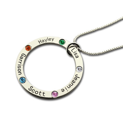 Mothers Family Circle Name Personalised Necklace Engraved Birthstone Silver  - AMAZINGNECKLACE.COM