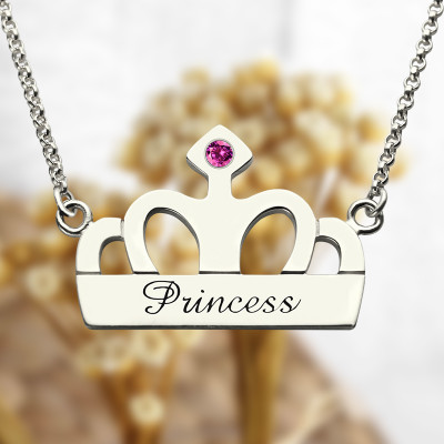 Crown Charm Neckalce with Birthstone  Name Sterling Silver  - AMAZINGNECKLACE.COM