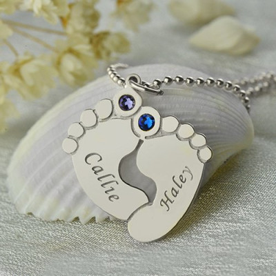 Personalzied Baby Feet Name Personalised Necklace with Birthstone Silver  - AMAZINGNECKLACE.COM