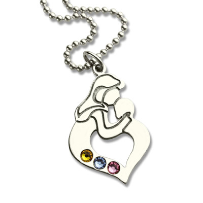Personalised Mother Child Necklace with Birthstone Silver  - AMAZINGNECKLACE.COM