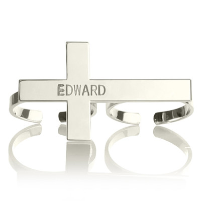 Custom Two finger Cross Personalised Ring Engraved Name Sterling Silver - AMAZINGNECKLACE.COM