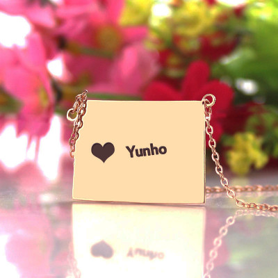 Wyoming State Shaped Map Personalised Necklaces With Heart  Name Rose Gold - AMAZINGNECKLACE.COM