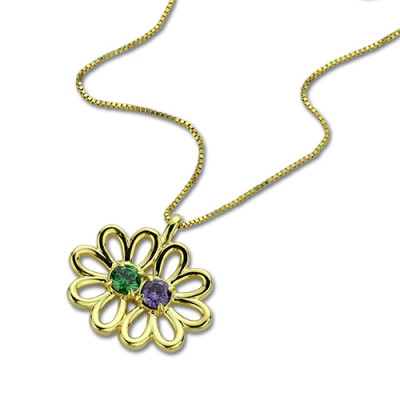 Personalised Double Flower Pendant with Birthstone 18ct Gold Plated Silver  - AMAZINGNECKLACE.COM