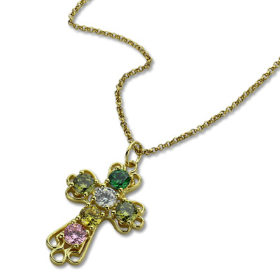 Personalised Cross necklace with Birthstones Gold Plated Silver  - AMAZINGNECKLACE.COM