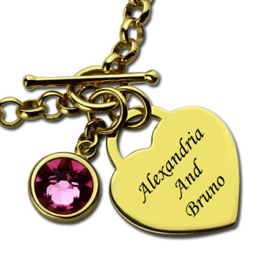 Engravable Birthstone Personalised Bracelet with Heart  Name Charm 18ct Gold Plate  - AMAZINGNECKLACE.COM