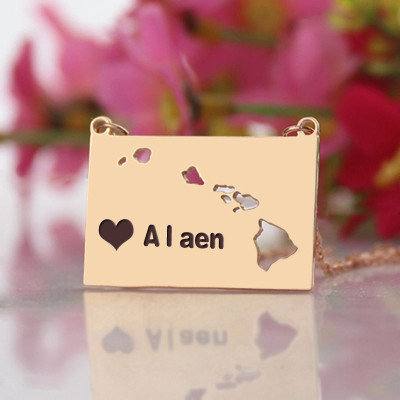 Custom Hawaii State Shaped Personalised Necklaces With Heart  Name Rose Gold - AMAZINGNECKLACE.COM