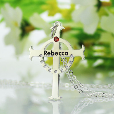 Personalised Circle Cross Necklaces with Birthstone  Name Silver  - AMAZINGNECKLACE.COM