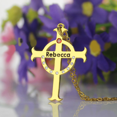 Circle Cross Personalised Necklaces with Birthstone  Name 18ct Gold Plated Silver  - AMAZINGNECKLACE.COM