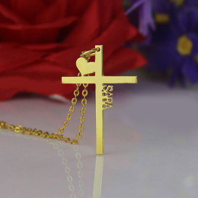 Personalised 18ct Gold Plated Silver Cross Name Necklace with Heart - AMAZINGNECKLACE.COM