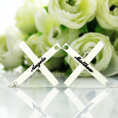 Silver Greece Double Cross Name Personalised Necklace - AMAZINGNECKLACE.COM