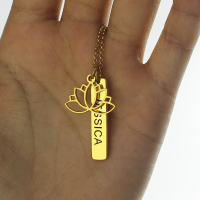 Yoga Lotus Flower Bar Personalised Necklace 18ct Gold plated - AMAZINGNECKLACE.COM