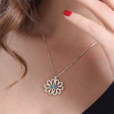 Personalised Double Flower Pendant with Birthstone Sterling Silver  - AMAZINGNECKLACE.COM