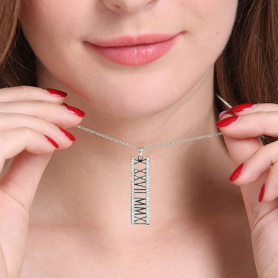 Roman Numeral Vertical Personalised Necklace With Birthstones Sterling Silver  - AMAZINGNECKLACE.COM