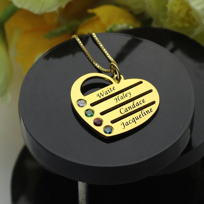18ct Gold Plated Mothers Birthstone Heart Personalised Necklace Engraved Names  - AMAZINGNECKLACE.COM