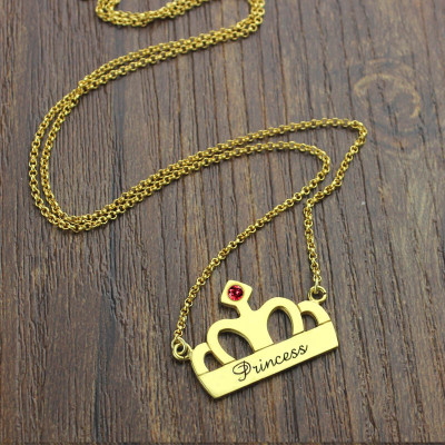Princess Crown Charm Personalised Necklace with Birthstone  Name 18ct Gold Plated  - AMAZINGNECKLACE.COM