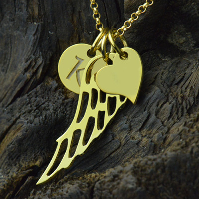 Good Luck Angel Wing Personalised Necklace with Initial Charm 18ct Gold Plated - AMAZINGNECKLACE.COM