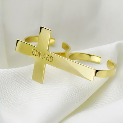 Engraved Name Two finger Cross Personalised Ring 18ct Gold Plated - AMAZINGNECKLACE.COM