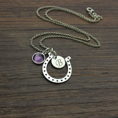 Horseshoe Good Luck Personalised Necklace with Initial  Birthstone Charm  - AMAZINGNECKLACE.COM