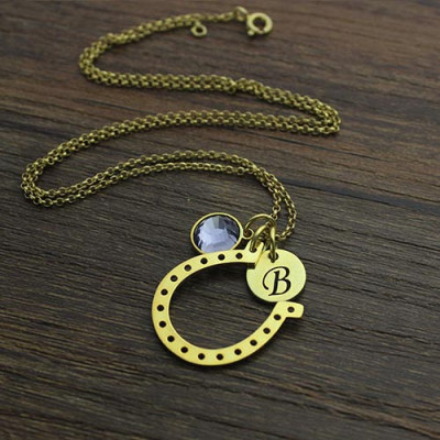 Birthstone Horseshoe Lucky Personalised Necklace with Initial Charm 18ct Gold Plate  - AMAZINGNECKLACE.COM