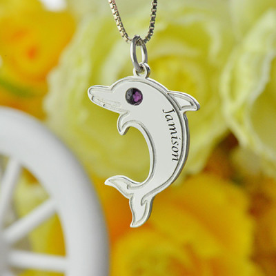 Dolphin Personalised Necklace with Birthstone  Name Sterling Silver  - AMAZINGNECKLACE.COM