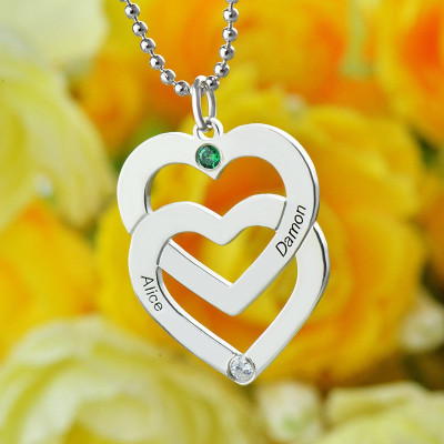 Personalised Double Heart Necklace Engraved Name Sterling Silver - AMAZINGNECKLACE.COM